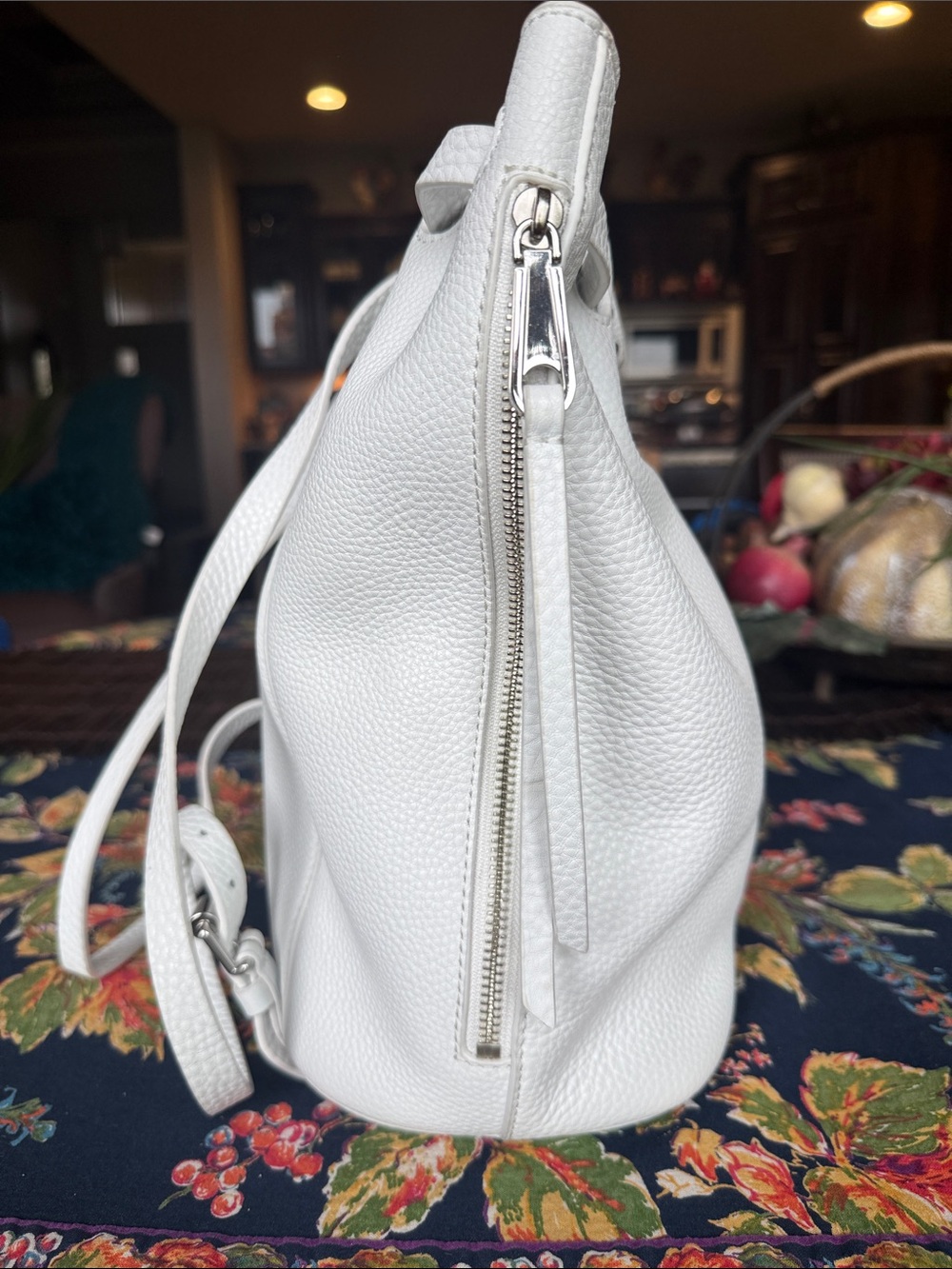 White Pebbled Leather Drawstring Bucket Backpack - Picture 5 of 10